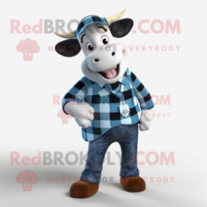 Blue Holstein Cow mascot costume character dressed with a Flannel Shirt and Pocket squares