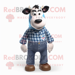Blue Holstein Cow mascot costume character dressed with a Flannel Shirt and Pocket squares