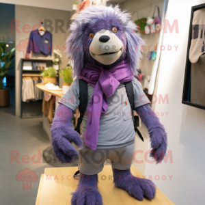 Purple Sloth Bear mascot costume character dressed with a Chinos and Scarf clips