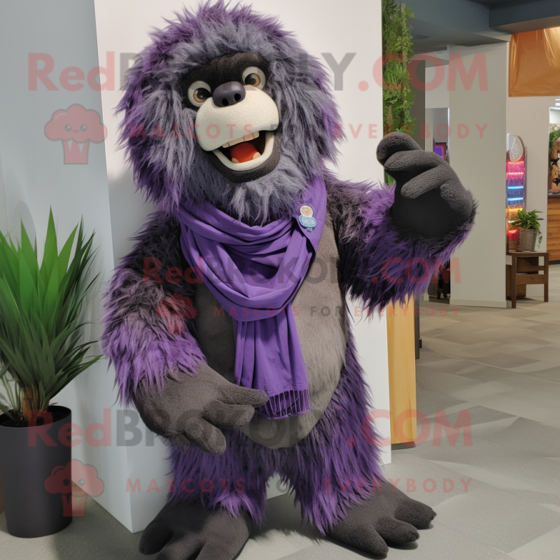 Purple Sloth Bear mascot costume character dressed with a Chinos and Scarf clips Purple Sloth Bear mascot costume character dressed with a Chinos and Scarf clips