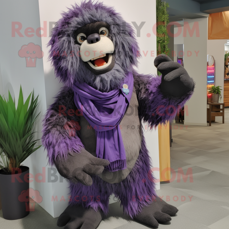 Purple Sloth Bear mascot costume character dressed with a Chinos and Scarf clips