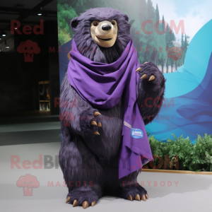 Purple Sloth Bear mascot costume character dressed with a Chinos and Scarf clips