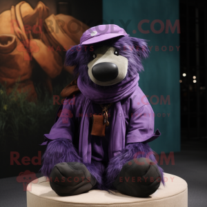 Purple Sloth Bear mascot costume character dressed with a Chinos and Scarf clips