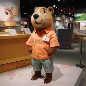 Peach Capybara mascot costume character dressed with a Button-Up Shirt and Shoe clips