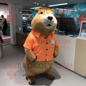 Peach Capybara mascot costume character dressed with a Button-Up Shirt and Shoe clips
