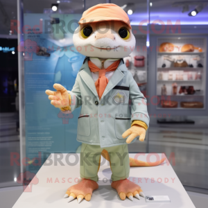 Peach Geckos mascot costume character dressed with a Parka and Pocket squares