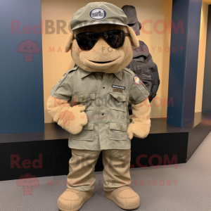Tan Commando mascot costume character dressed with a Denim Shorts and Beanies