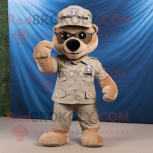 Tan Commando mascot costume character dressed with a Denim Shorts and Beanies