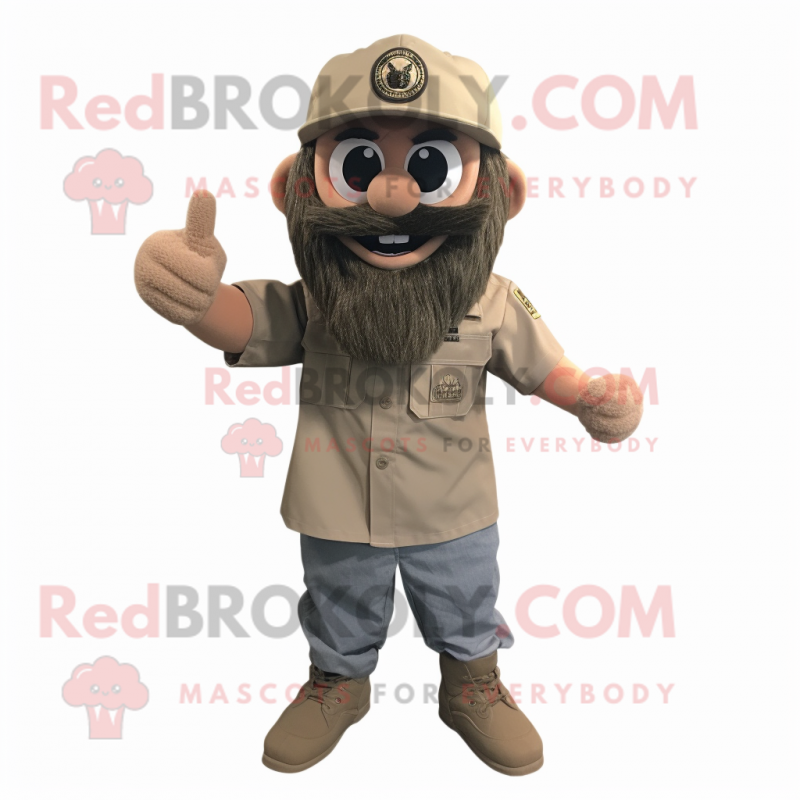 Tan Commando mascot costume character dressed with a Denim Shorts and Beanies Tan Commando mascot costume character dressed with a Denim Shorts and Beanies