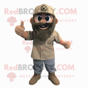 Tan Commando mascot costume character dressed with a Denim Shorts and Beanies