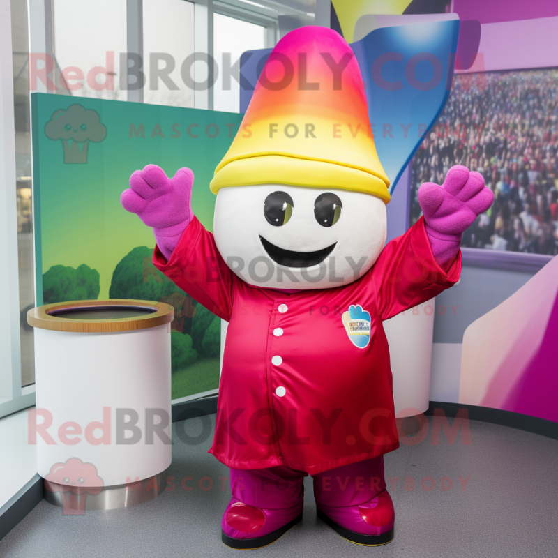 Magenta Pot Of Gold mascot costume character dressed with a Poplin Shirt and Beanies Magenta Pot Of Gold mascot costume character dressed with a Poplin Shirt and Beanies