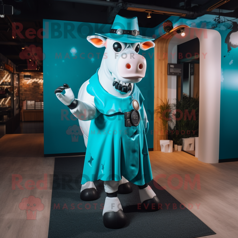 Cyan Holstein Cow mascot costume character dressed with a Midi Dress and Belts