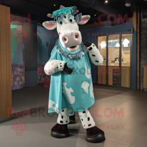 Cyan Holstein Cow mascot costume character dressed with a Midi Dress and Belts