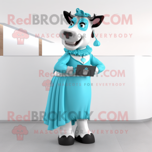 Cyan Holstein Cow mascot costume character dressed with a Midi Dress and Belts