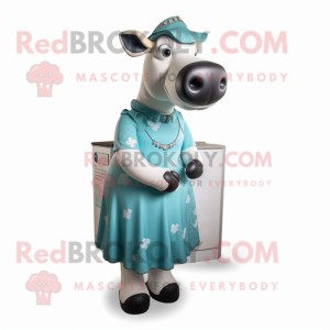 Cyan Holstein Cow mascot costume character dressed with a Midi Dress and Belts