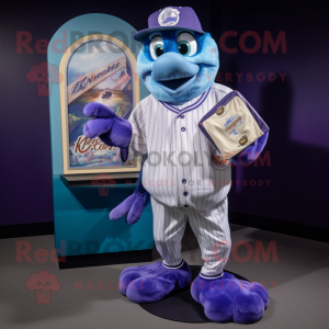 Lavender Peacock mascot costume character dressed with a Baseball Tee and Wallets
