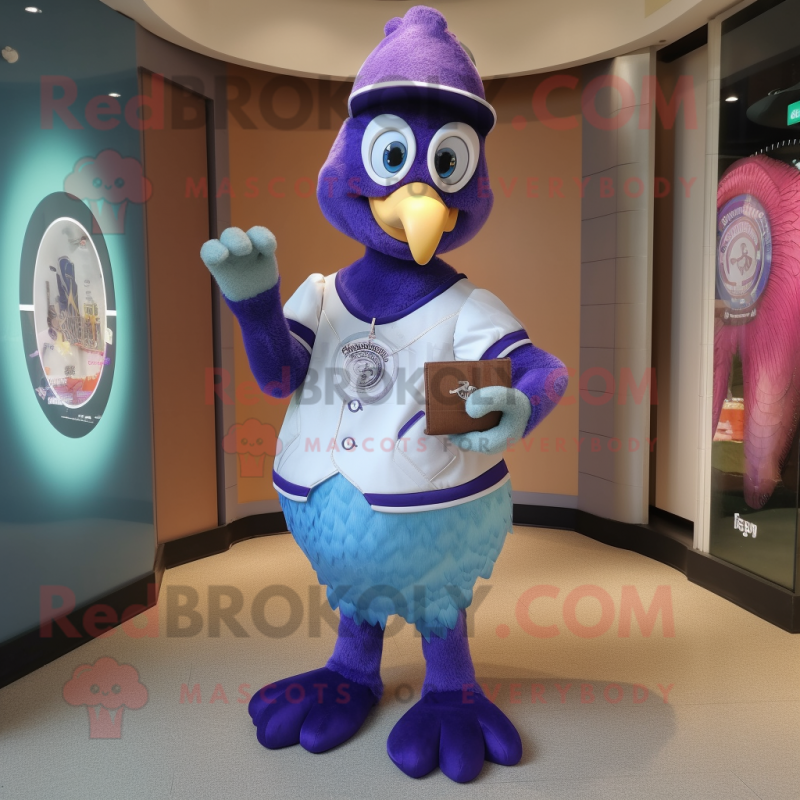 Lavender Peacock mascot costume character dressed with a Baseball Tee and Wallets Lavender Peacock mascot costume character dressed with a Baseball Tee and Wallets
