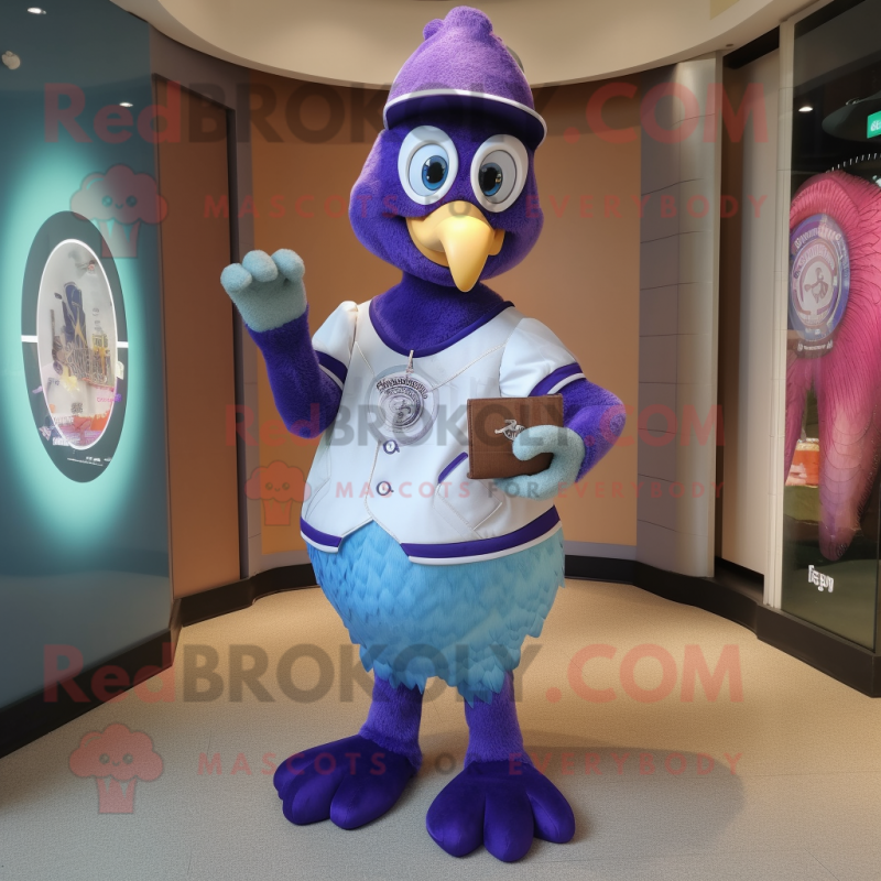 Lavender Peacock mascot costume character dressed with a Baseball Tee and Wallets