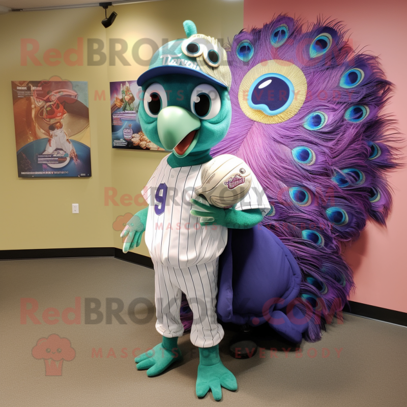 Lavender Peacock mascot costume character dressed with a Baseball Tee and Wallets