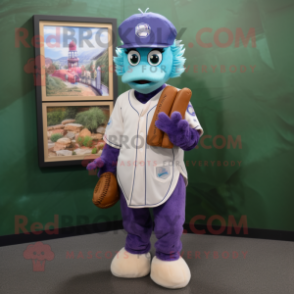 Lavender Peacock mascot costume character dressed with a Baseball Tee and Wallets