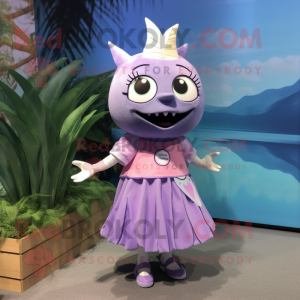 Lavender Tuna mascot costume character dressed with a Pleated Skirt and Keychains