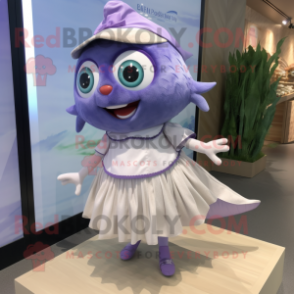 Lavender Tuna mascot costume character dressed with a Pleated Skirt and Keychains