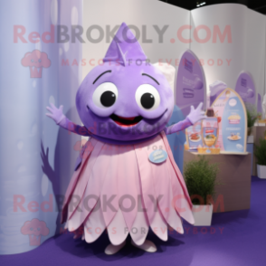 Lavender Tuna mascot costume character dressed with a Pleated Skirt and Keychains