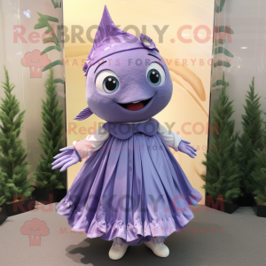 Lavender Tuna mascot costume character dressed with a Pleated Skirt and Keychains