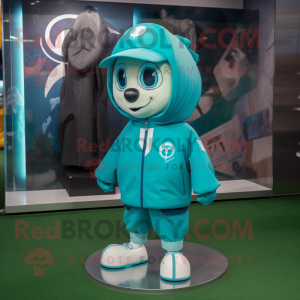 Teal Soccer Goal mascot costume character dressed with a Raincoat and Caps