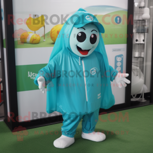 Teal Soccer Goal mascot costume character dressed with a Raincoat and Caps