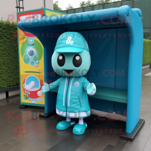 Teal Soccer Goal mascot costume character dressed with a Raincoat and Caps