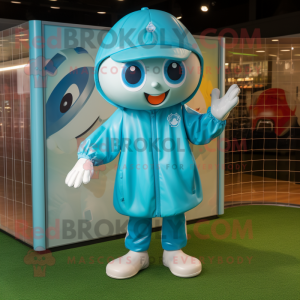 Teal Soccer Goal mascot costume character dressed with a Raincoat and Caps