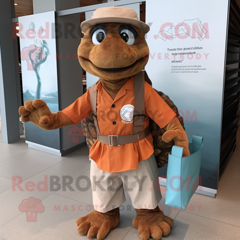 Rust Turtle mascot costume character dressed with a Dress Shirt and Tote bags