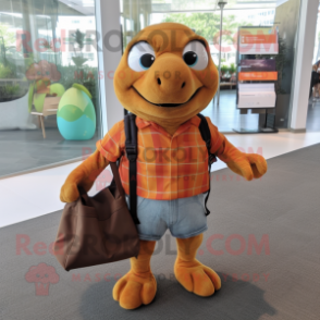 Rust Turtle mascot costume character dressed with a Dress Shirt and Tote bags