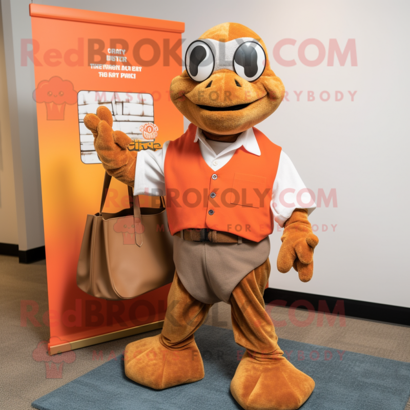 Rust Turtle mascot costume character dressed with a Dress Shirt and Tote bags