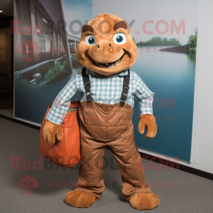 Rust Turtle mascot costume character dressed with a Dress Shirt and Tote bags