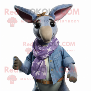 Lavender Kangaroo mascot costume character dressed with a Denim Shirt and Scarves