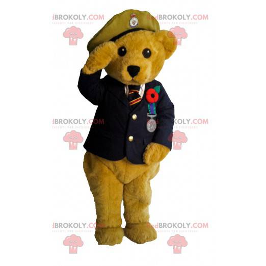 Mascote do urso vestido como um oficial. Fantasia de ursinho de