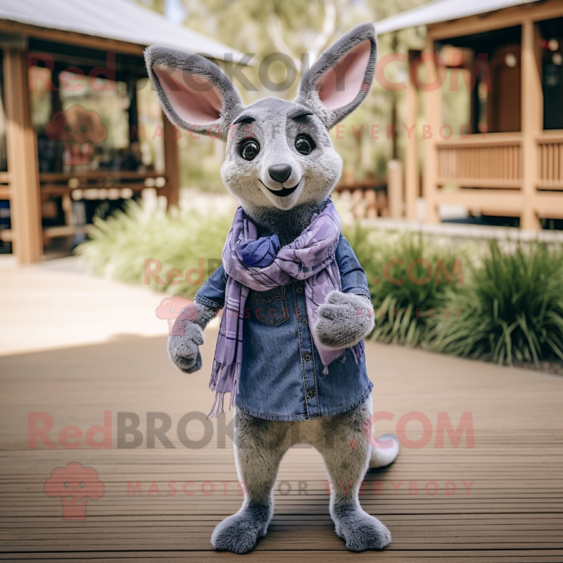 Lavender Kangaroo mascot costume character dressed with a Denim Shirt and Scarves