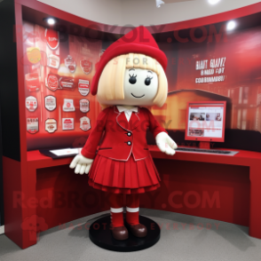 Red Attorney mascot costume character dressed with a Mini Skirt and Brooches