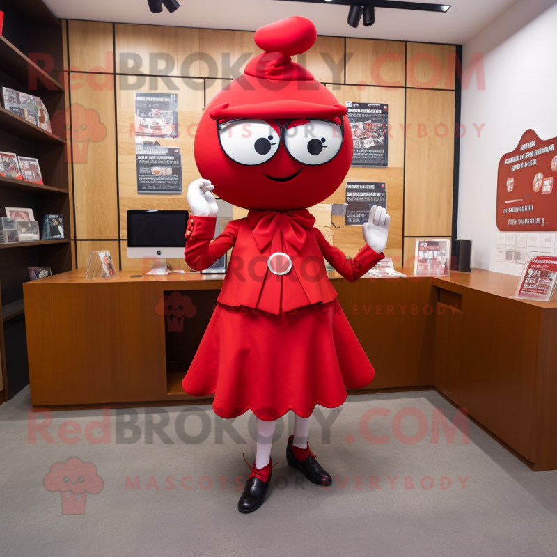 Red Attorney mascot costume character dressed with a Mini Skirt and Brooches