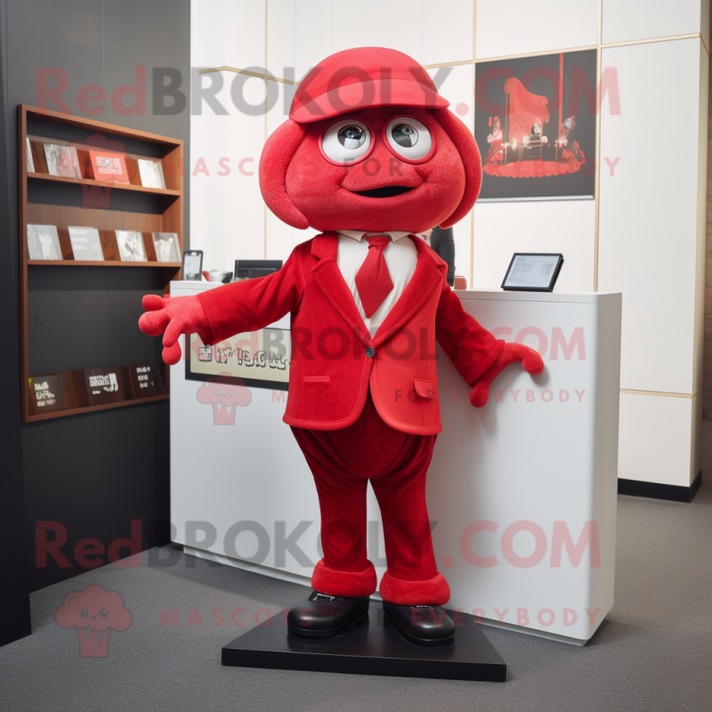 Red Attorney mascot costume character dressed with a Mini Skirt and Brooches