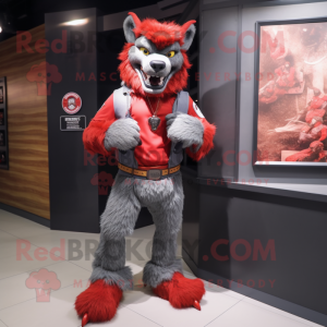 Red Werewolf mascot costume character dressed with a Jeans and Watches