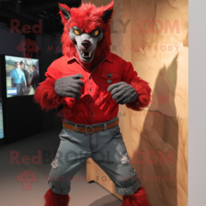 Red Werewolf mascot costume character dressed with a Jeans and Watches