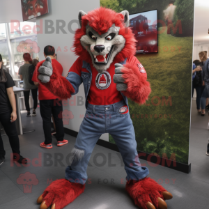 Red Werewolf mascot costume character dressed with a Jeans and Watches