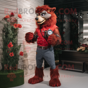 Red Werewolf mascot costume character dressed with a Jeans and Watches