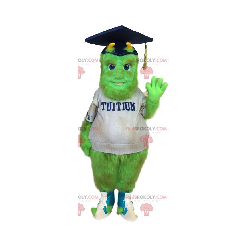 Mascotte de bonhomme vert fluo en tenue d'étudiant -