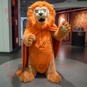 Orange Tamer Lion mascot costume character dressed with a Empire Waist Dress and Shawls