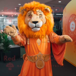 Orange Tamer Lion mascot costume character dressed with a Empire Waist Dress and Shawls