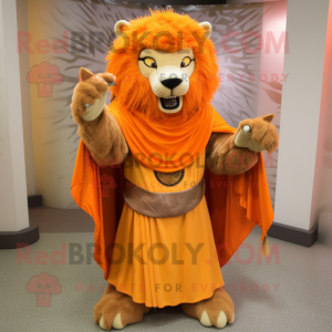 Orange Tamer Lion mascot costume character dressed with a Empire Waist Dress and Shawls